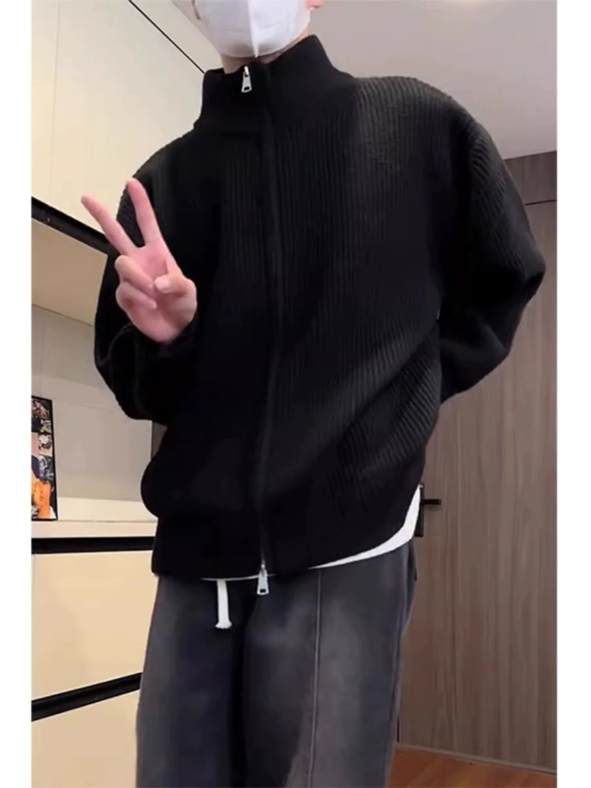 

Bla Fce Lined Thiened f High Collar Zipper Cardigan Men's Knitted Sweater Autumn Winter Warm Sle American Knitwear