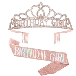 Happy Birthday Crown Grils Tiara Brithday Princess Birthday Queen Shoulder Strap Sash Set Princess Girl Birthday Party Decor