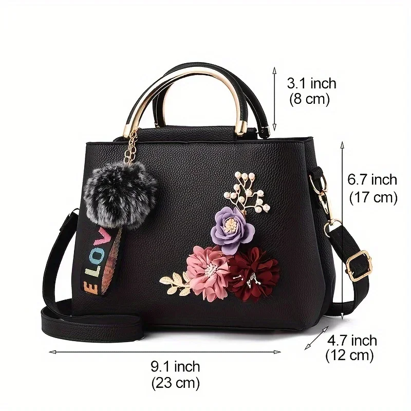 Bolsa tote chique com decoração de flores 3D, bolsa crossbody única de couro elegante para bolsa de ombro feminina, bolsa pequena com alça superior