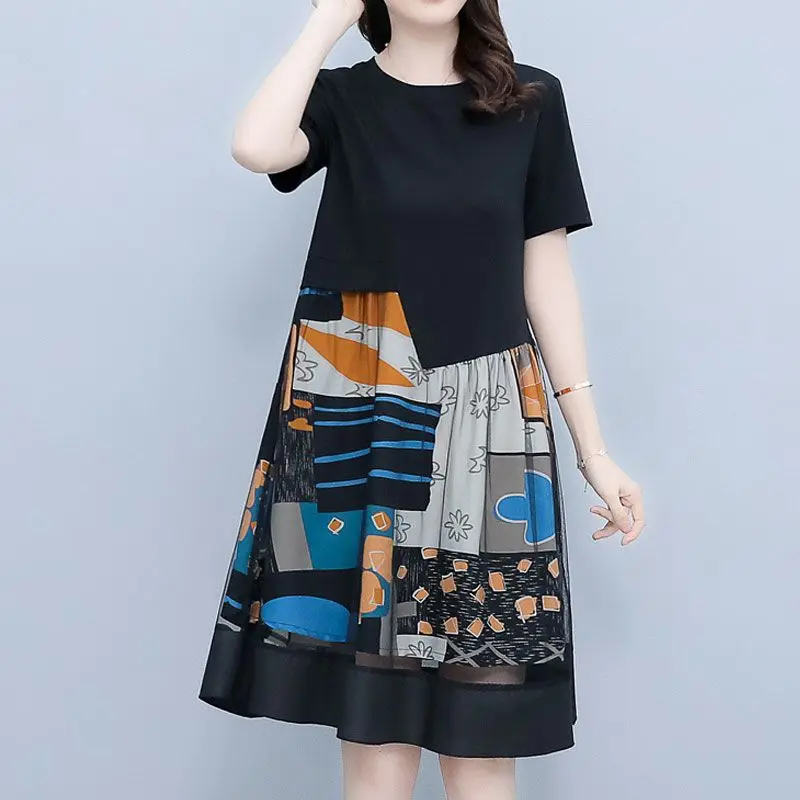 

Summer New Round Neck Oversized Mesh Patchwork Printing Dress Ladies Loose Casual Robe Women Short Sleeve Fashion A-line Vestido