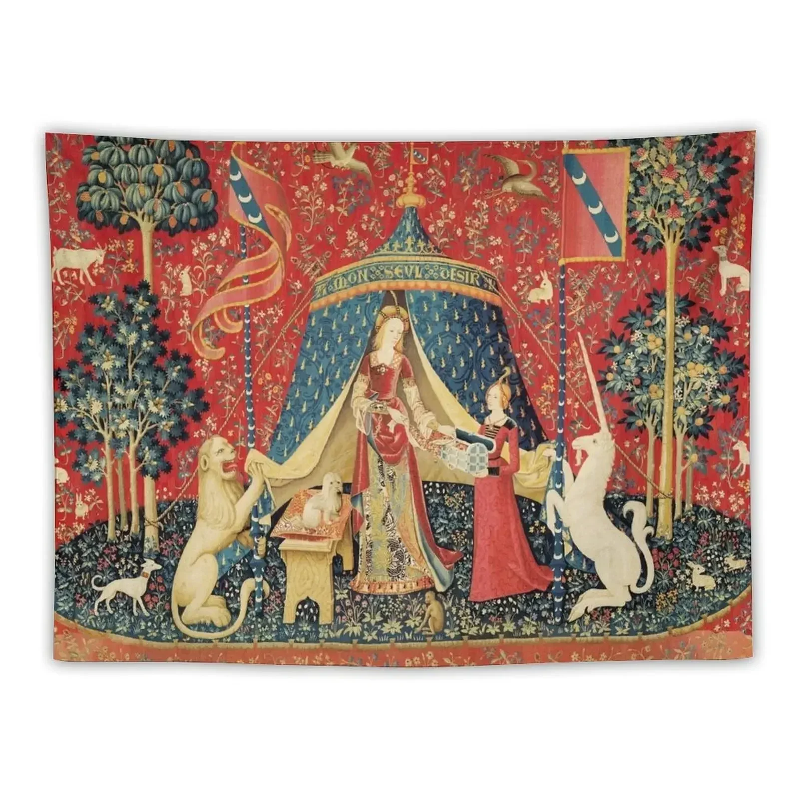 

LADY AND UNICORN DESIRE ,Lion,Fantasy Flowers,Animals,Red Green Floral Tapestry Decoration Aesthetic House Decor Tapestry