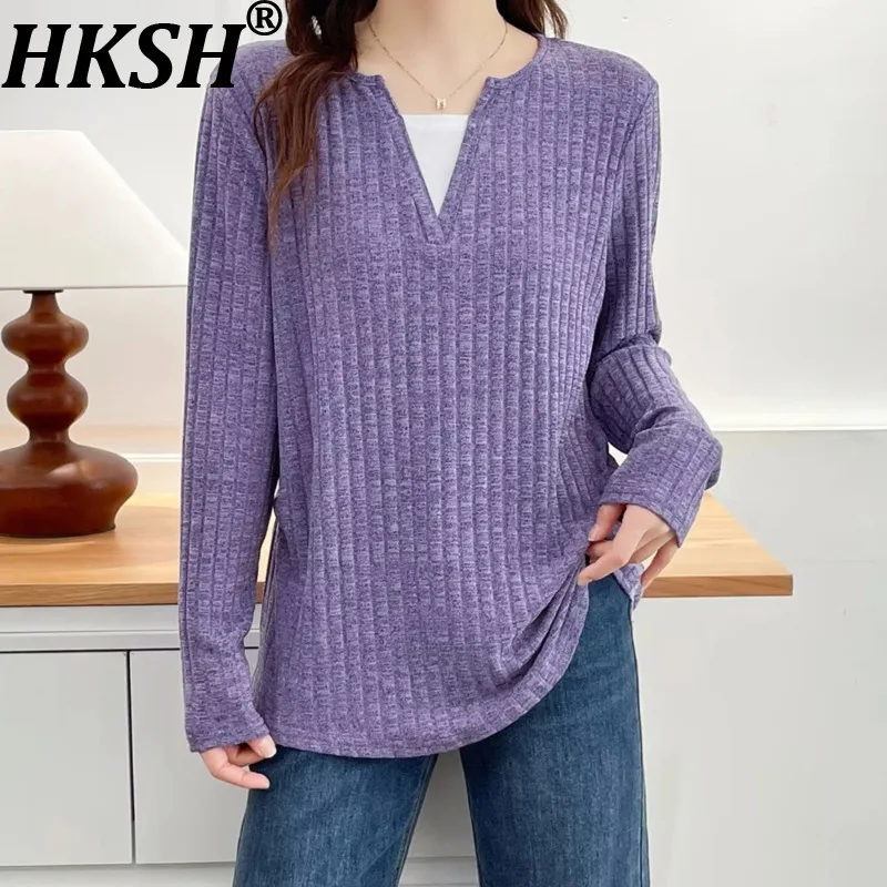 

HKSH Autumn Winter New Women Sweater Contrast Color Patchwork Long Sleeve Knitted Elegant Fashion Casual Chic Basic Tops HK11402