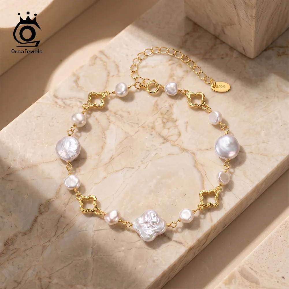 ORSA JEWELS Vintage Four Leaf Clover & Baroque Pearl Bracelet 925 Silver Irregular White Pearl Elegant Jewelry for Ladies GPB69