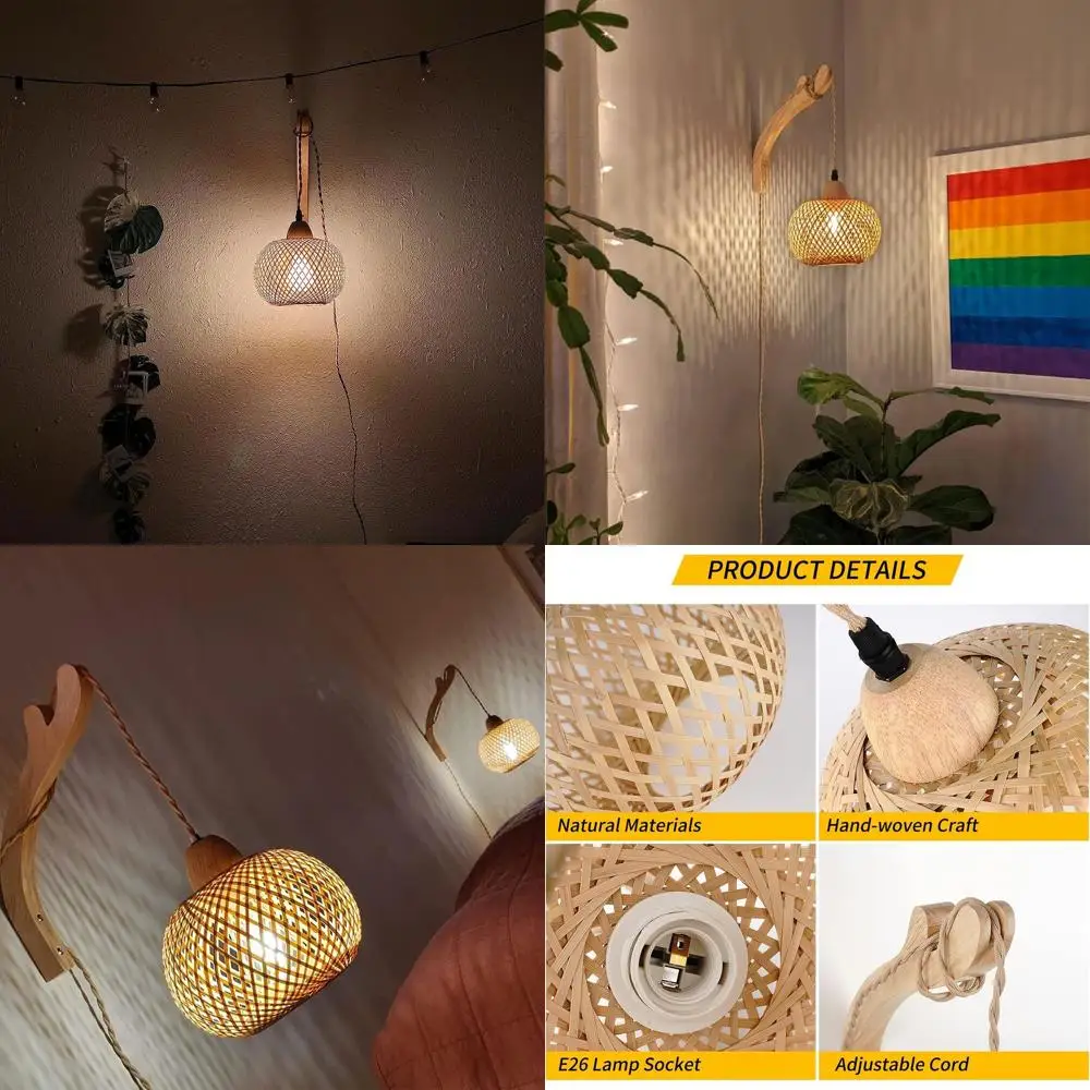 

Пара настенных бра из бамбука в деревенском стиле со шнуром 9,84 фута, подключаемые светильники в богемном стиле для домашнего декора