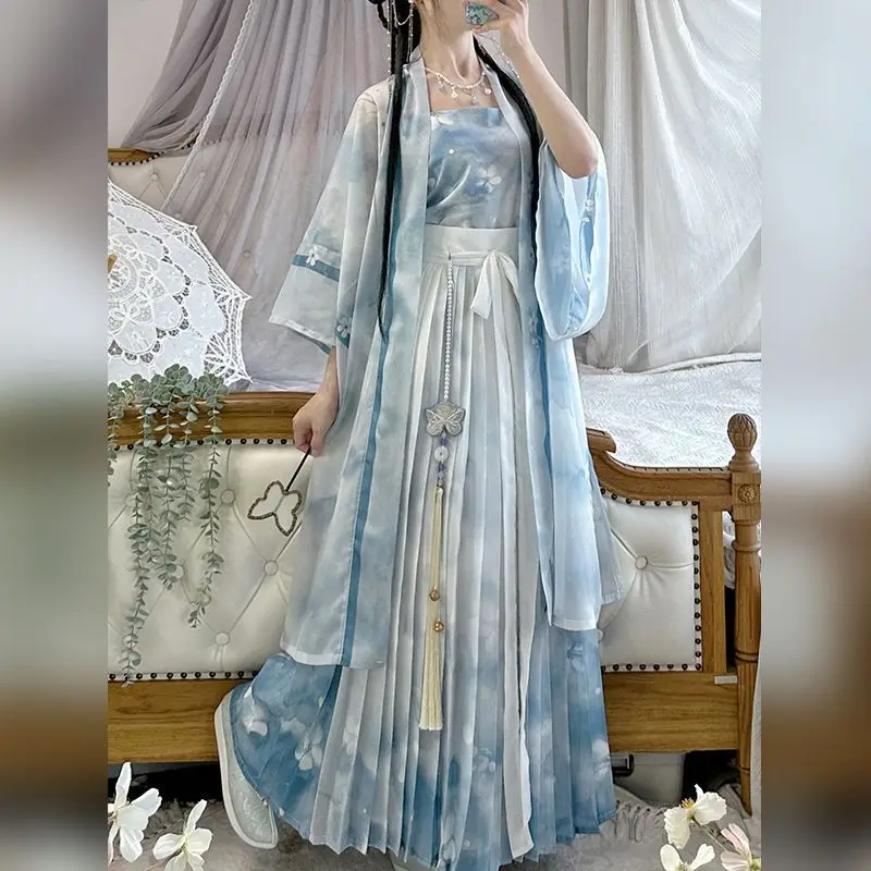 Gaun Hanfu Cina kuno kostum Cosplay wanita Vintage musim panas biru 3 potong set pakaian pesta setelan Dinasti Lagu