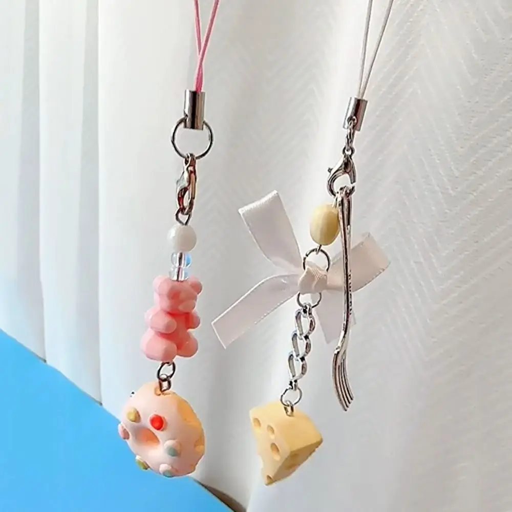 Telephone Jewelry Little Bear Beaded Phone Chain Doughnut Cheese Phone Strap Hanging Cord Anti-Lost Mobile Lanyard Women Girls