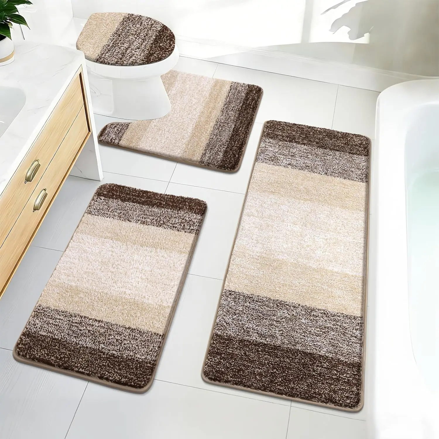

Набор из 4 плюшевых ковриков для ванной комнаты с нескользящим покрытием для унитаза, моющиеся впитывающие коврики из микрофибры цвета темного кофе