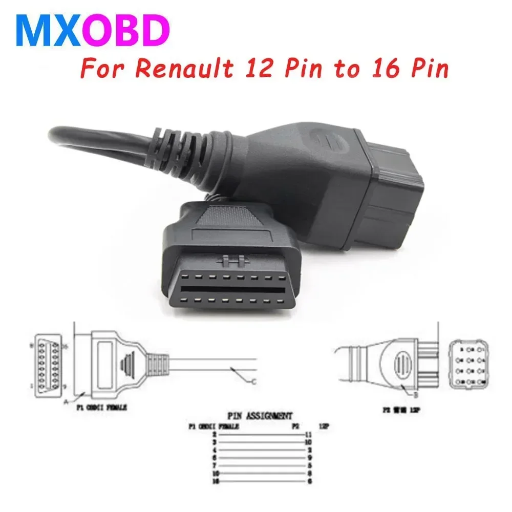 For Renault 12 Pin OBDII OBD2 Connector Adapter Diagnostic Extension Cable 16Pin For Renault 12Pin Connect Cable