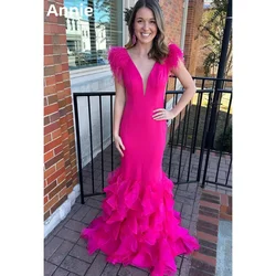 Annie Luxury Hot Pink Prom Dresses V-neck Feather Organza Layered Evening Dresses Elegant Cocktail Dresses Wedding Party Dress