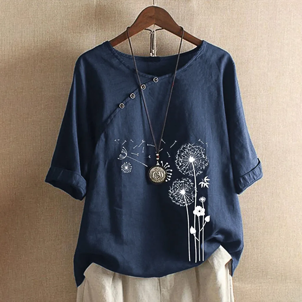 

Women Summer Casual Tops Fashion Elegant Elegant Daisy-Print Linen Cotton O-Neck Short Sleeve T-shirt Large Size Loose Blouses