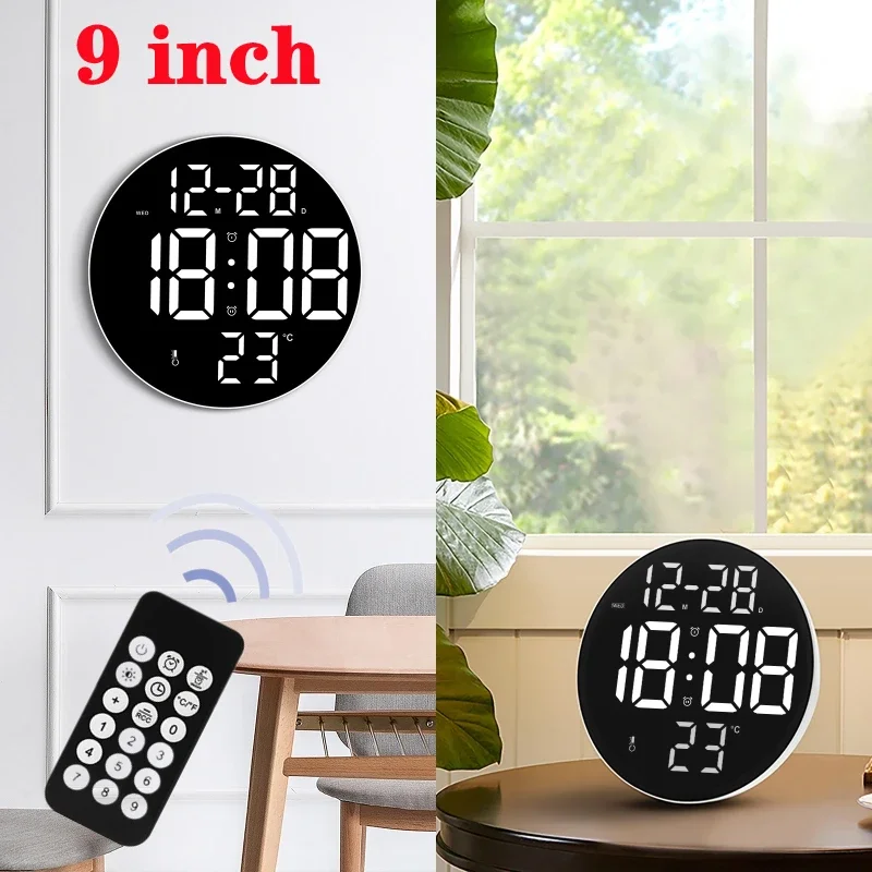 9 inch LED Digital Living Room Wall Clock Large Screen Temperature Date Day Display Electronic LED Clock with Remote Control