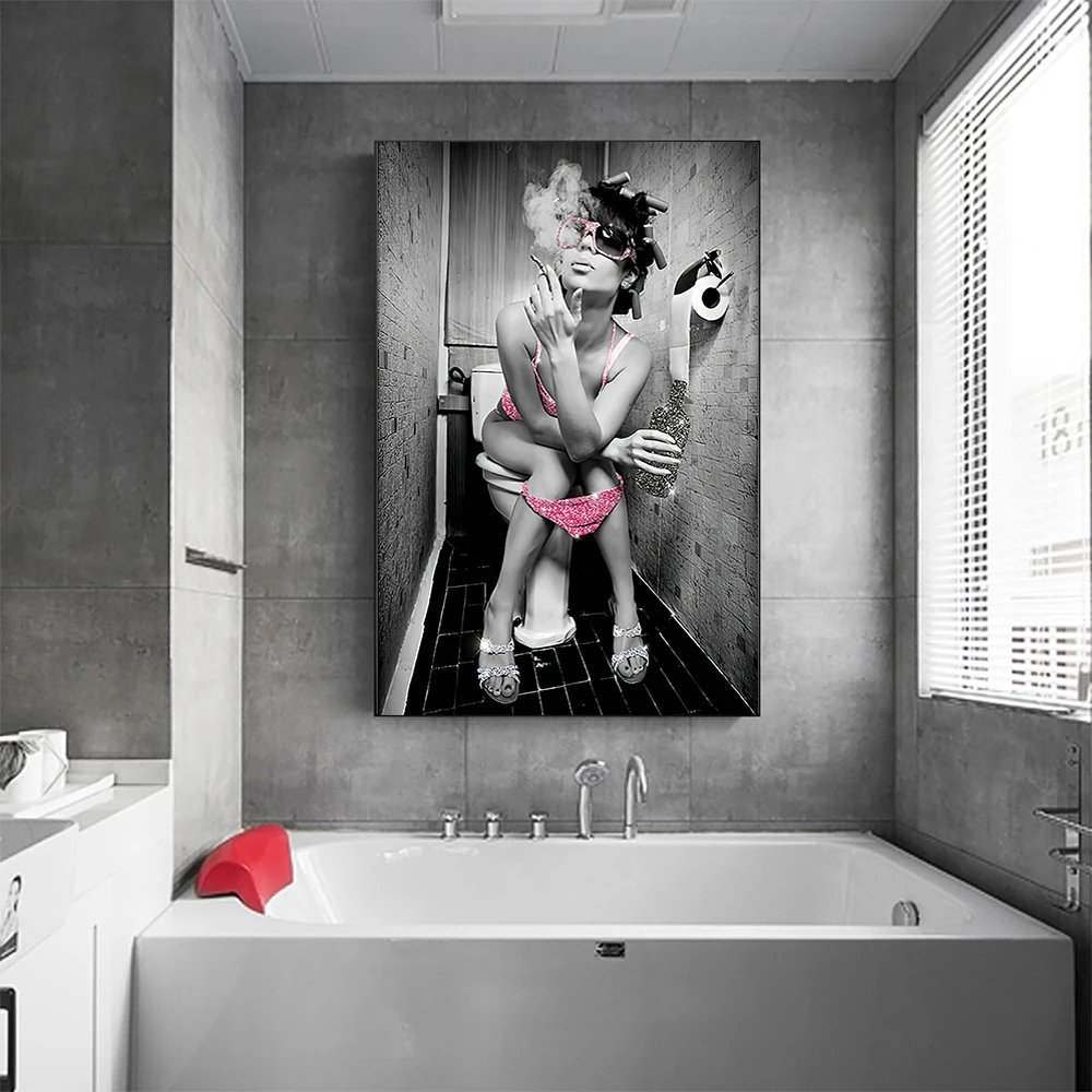 مثير امرأة قماش اللوحة الوردي المشاغب فتاة التدخين والشرب المشارك والمطبوعات صور فنية للجدران لشريط المرحاض ديكور