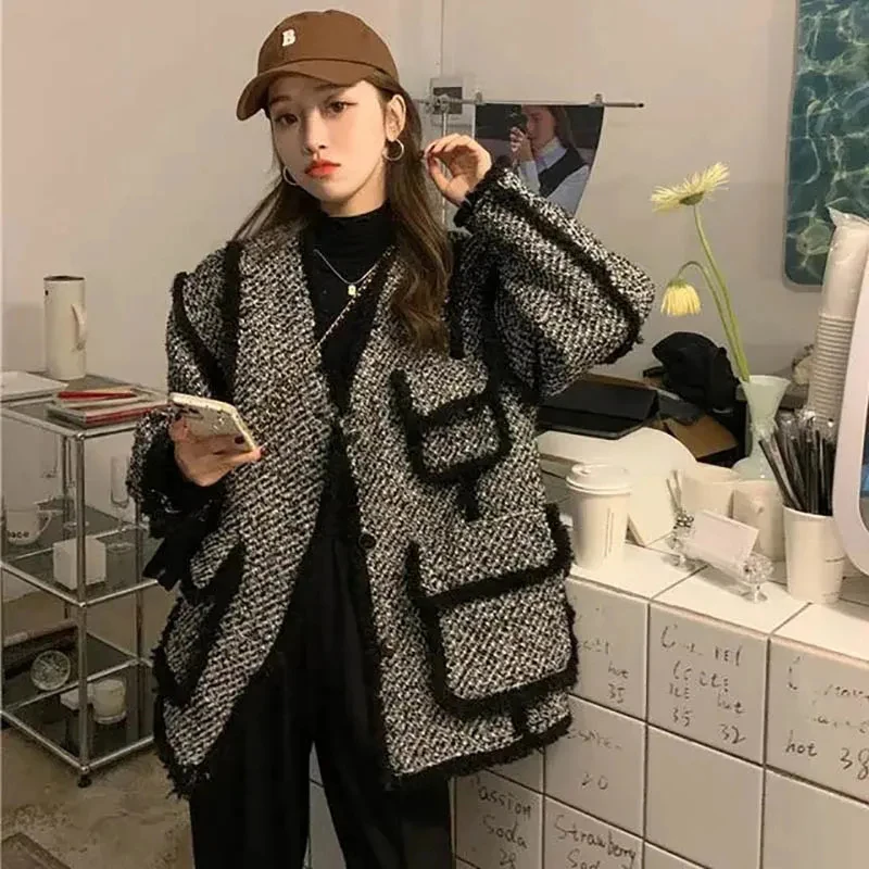 

MEXZT Vintage Tweed Jackets Women Black Patchwork Thick Coats Korean Elegant Wool Blends Winter Streetwear Casual Outerwear Tops