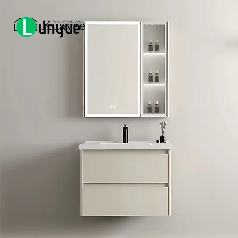 Solid Wood Wall Mounted Bathroom Vanity with Sink Deluxe Mirror Cabinet for Hotel Room Project Furniture