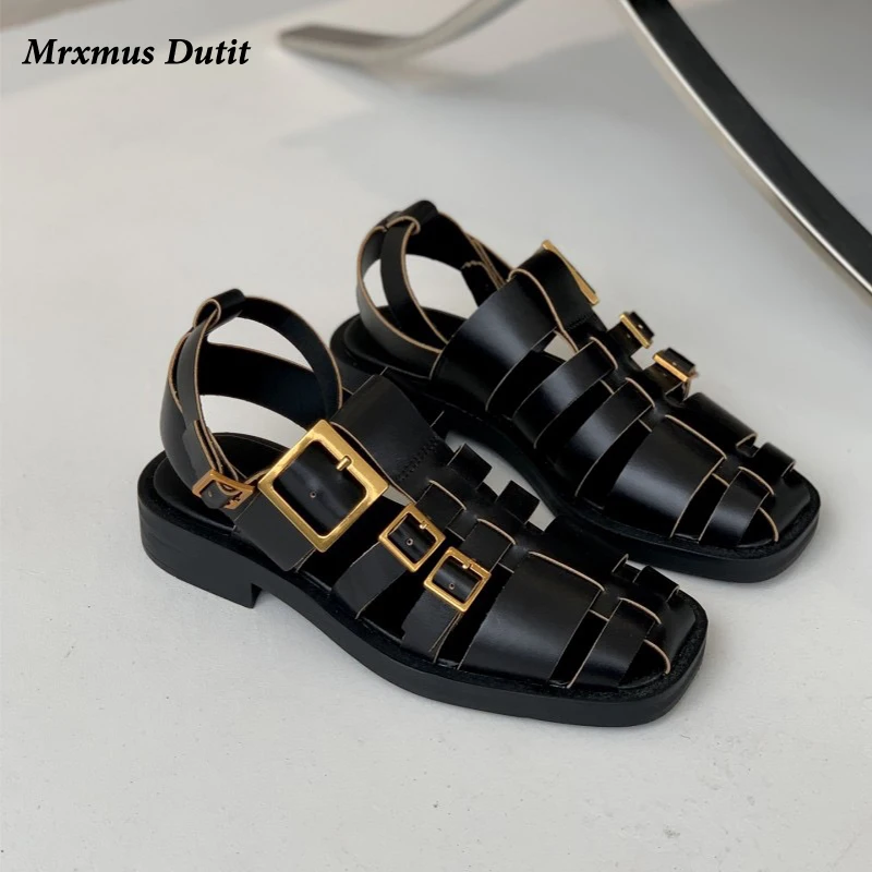 Mrxmus Dutit 2023 New Spring Summer Women Fashion Genuine Leather Flat Sandals Shoes Simple Elegant Casual Roman Shoes Female