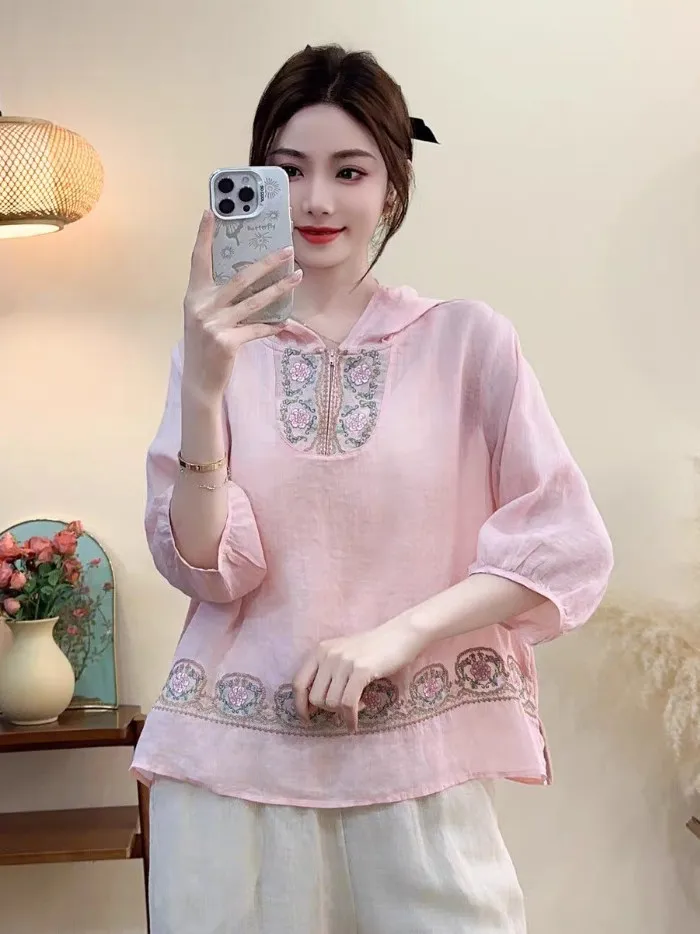 Sommer Neue Hut Gesticktes Flachs Lässige Leichte Chinesische Sle irt Damen Top Match Alle Gerade Röhre ort Sve Mit Kapuze