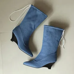 Womens Pointed Toe Denim Jeans Mid Calf Boots Kitten Heel Sexy Shoes Plus Big Size 46 47 48 New Winter Warm
