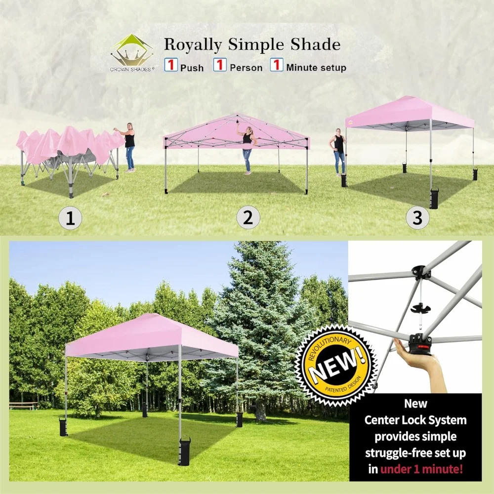 10x10 Pop Up Canopy - Beach Tent with One Push Setup - Camping - Gazebo with Cover Bag, Silver Coated Top, Pink Freight free