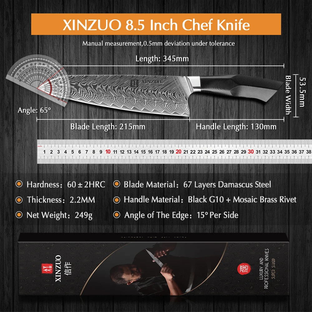 XINZUO 8.5\'\' Chef Knife High Carbon Japanese Damascus Steel Professional Knives Vegetable Fruit Cooking Tool Knife Sheath Case