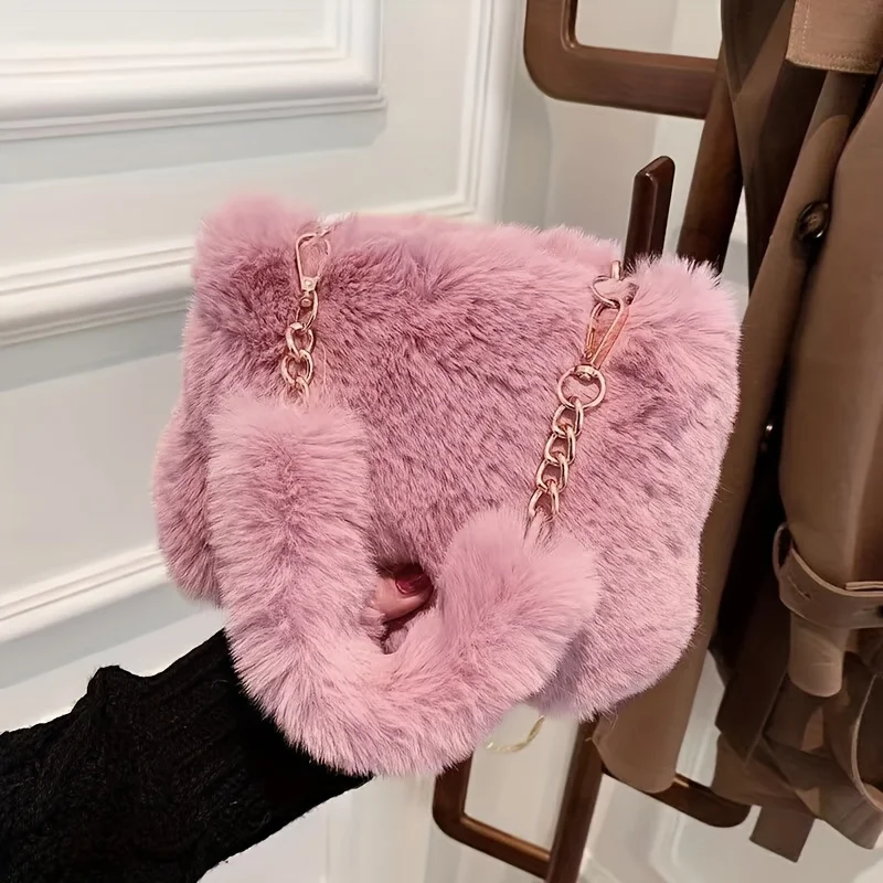 

2026newEasy Faux Fur Tote Bucket Bag Metal Chain Crossbody Bag for Women'S Daily Casual Use Plush Bag Furry Purse
