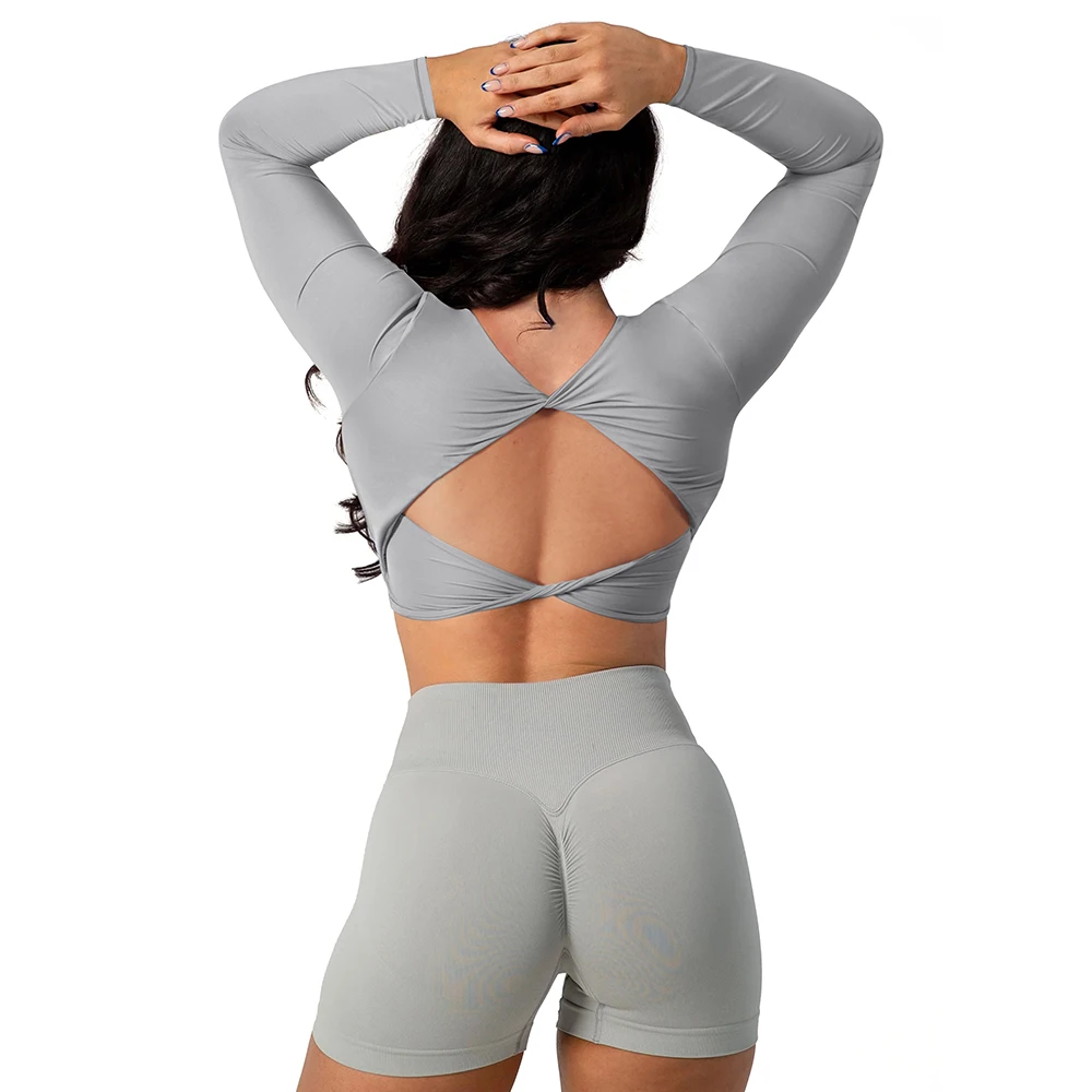 Sport Top Crop Top Bra Sexy Open Back Tight Gym Plus Size Shockproof Fitness Running Gym Clothing Long Sleeve Yoga Shirts Women