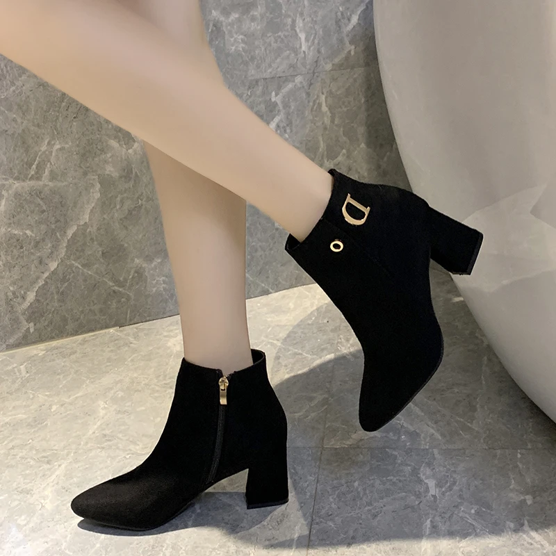 2023 Winter Shoes for Female Side Zip Women's Ankle Boots Pointed Toe Square Heel Women's Shoes Plus Size Modern Ladies Boots
