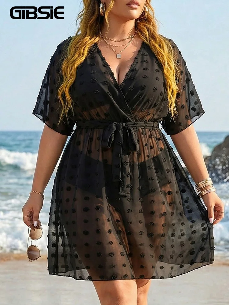 

Пляжное платье GIBSIE больших размеров с V-образным вырезом и поясом, сексуальное прозрачное бикини-накидка, туника, купальник, пляжная одежда