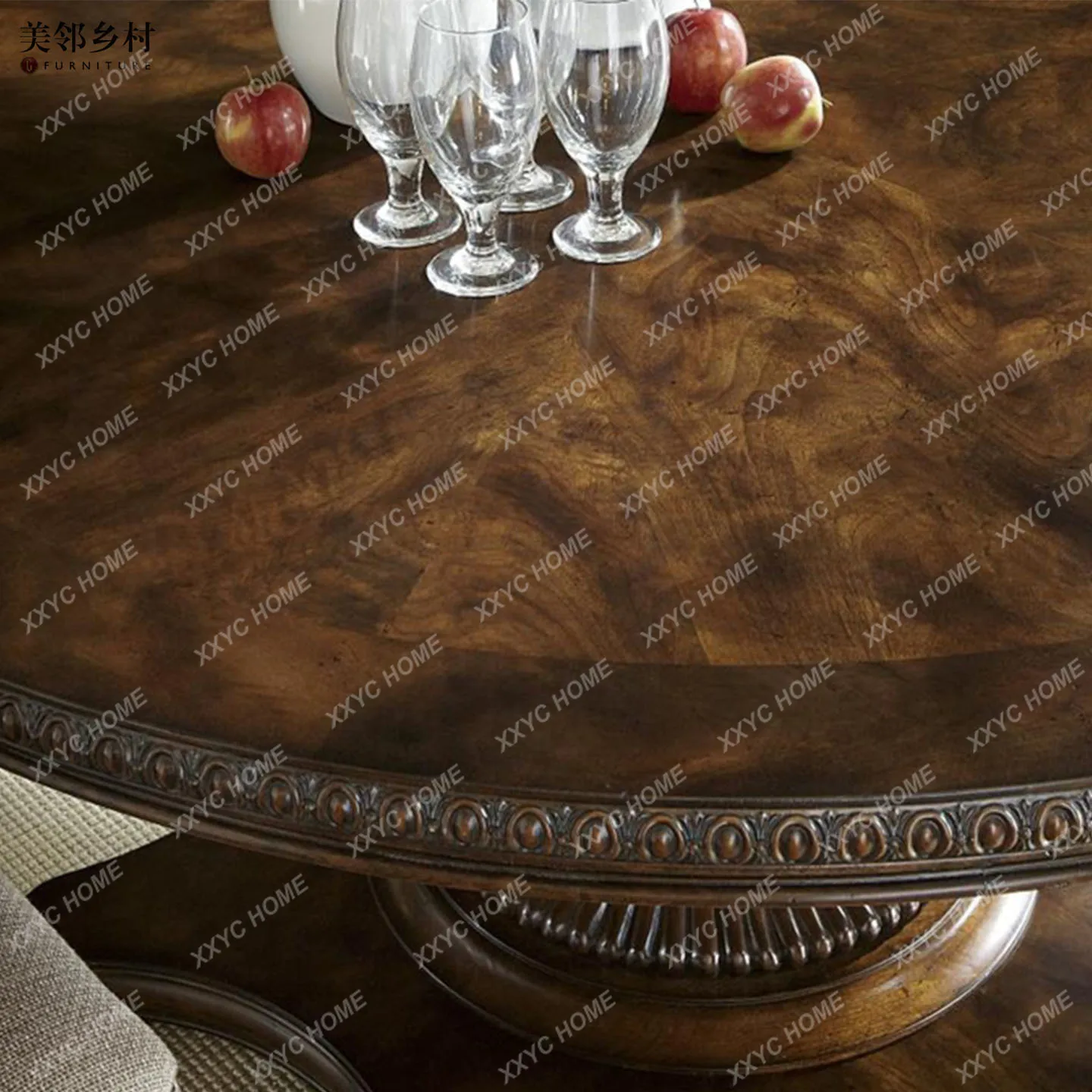 Exquisite  nostalgic retro round dining table villa custom 1.3 meters 1.5 meters solid wood carving flower table with
