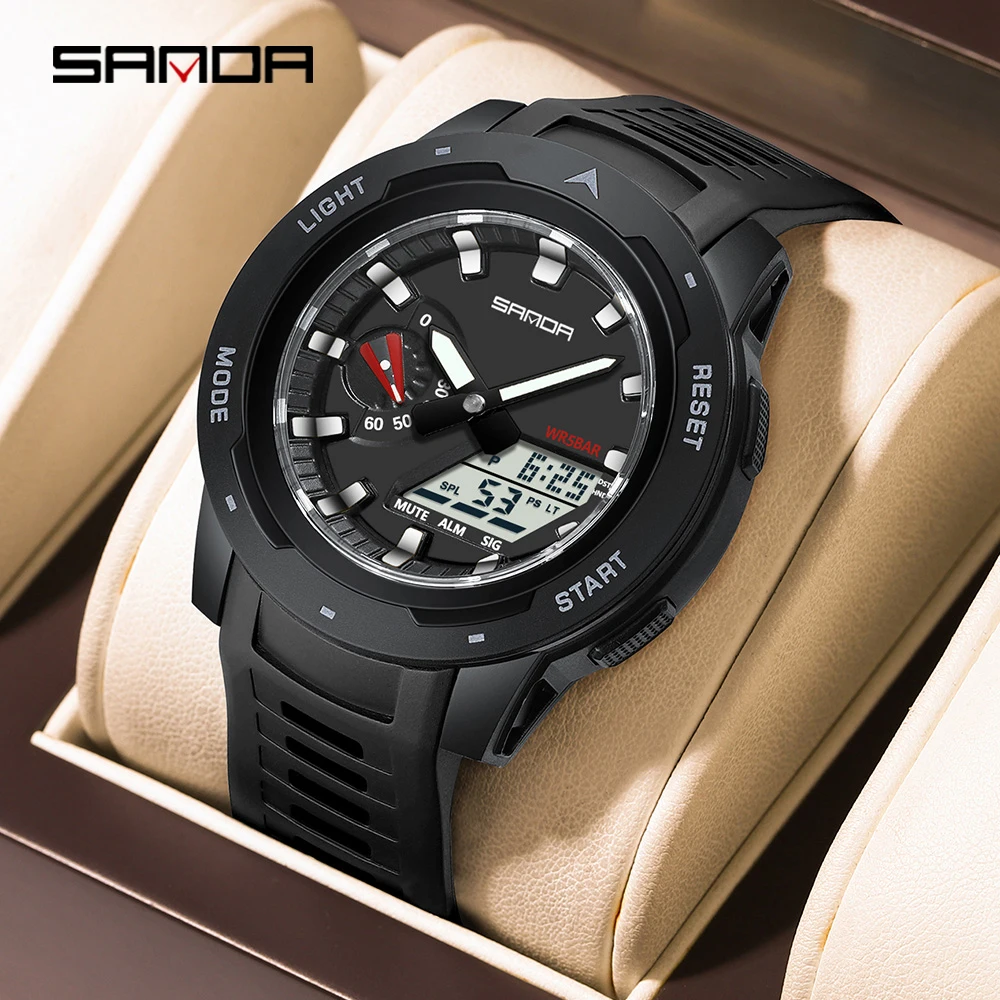 SANDA 3360 ساعة إلكترونية للرجال رياضية متعددة الوظائف مقاوم للماء تقويم مضيء كرونوغراف مضاد للرجال ساعة إلكترونية