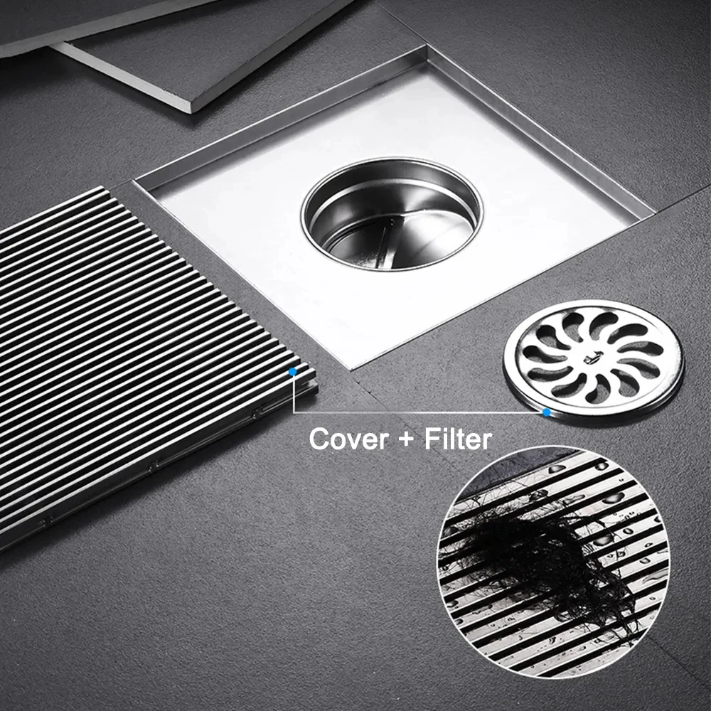 12/15/20/30cm Square Linear Bathroom Floor Drains Anti-Odor Shower Drainage Stainless Steel Floor Drain