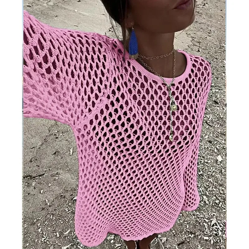 Summer Beach Bikini Swimsuit Coverup White Knitted Hollow out Sexy Sun Protection Solid color Crew-neck Long-sleeve Top Vacation