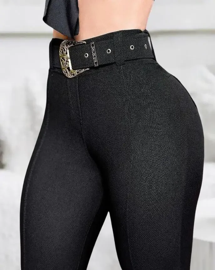 Women's Pants 2024 Spring Trend Fashion High Waist Pocket Design Casual Plain Skinny Daily Long Pants with Belt