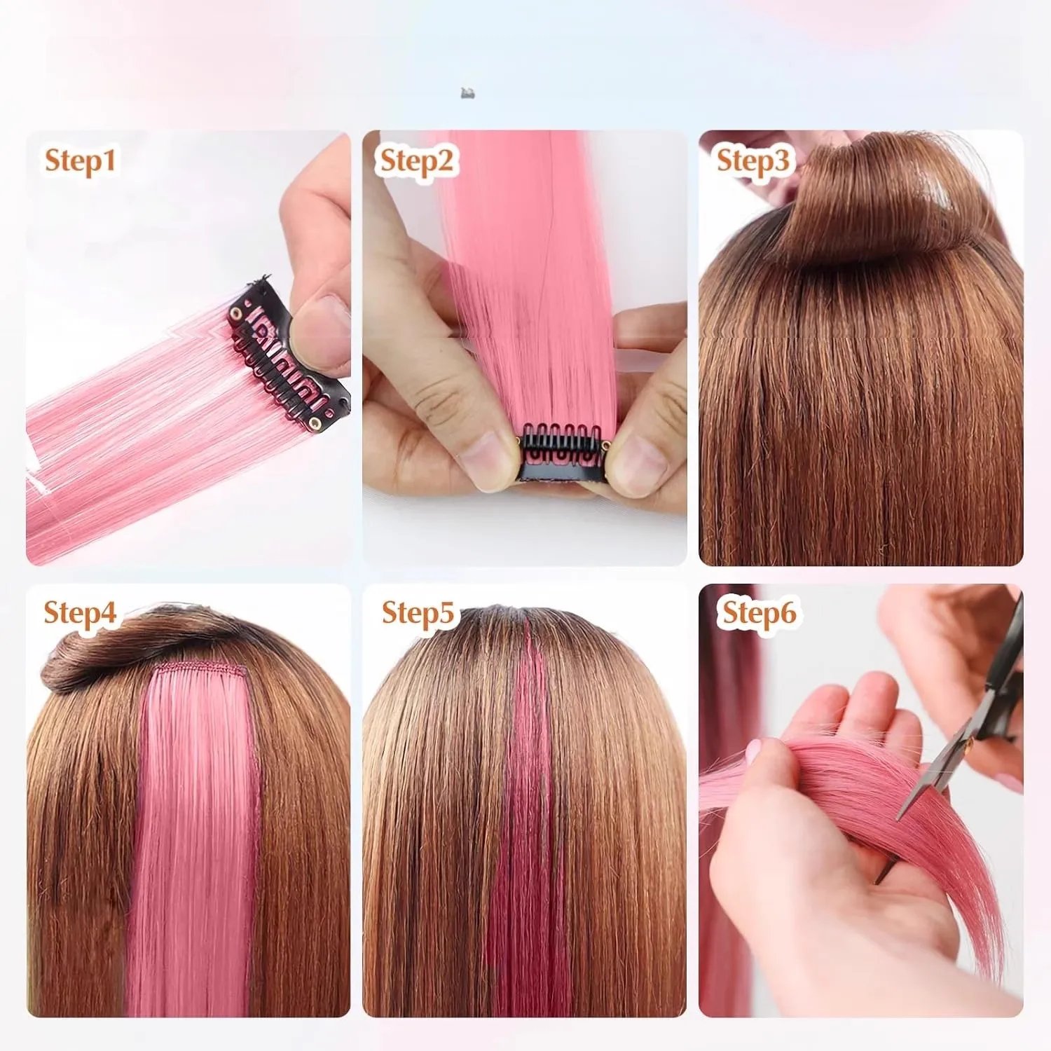 Synthetische rechte nep gekleurde haarextensies Regenboog haarstreep Synthetisch roze oranje wit paars haarlokken op clips