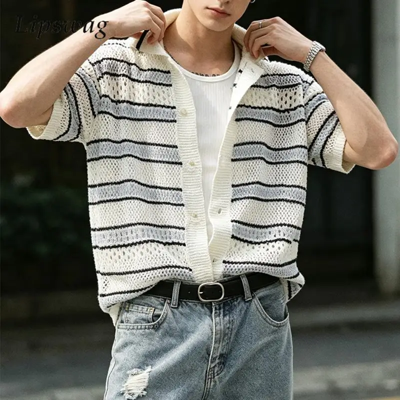 Stylish Mens Striped Knitting Shirt Casual Breathable Loose Hollow Out Cardigan Tops Men Summer Trendy Lapel Short Sleeve Shirts