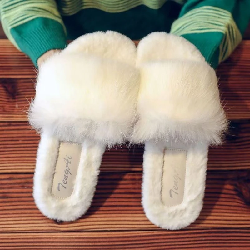 Women Autumn Winter Casual Fur Slippers Flat Non-slip Solid Real Fox Slides Fluffy Ladies Shoes Woman