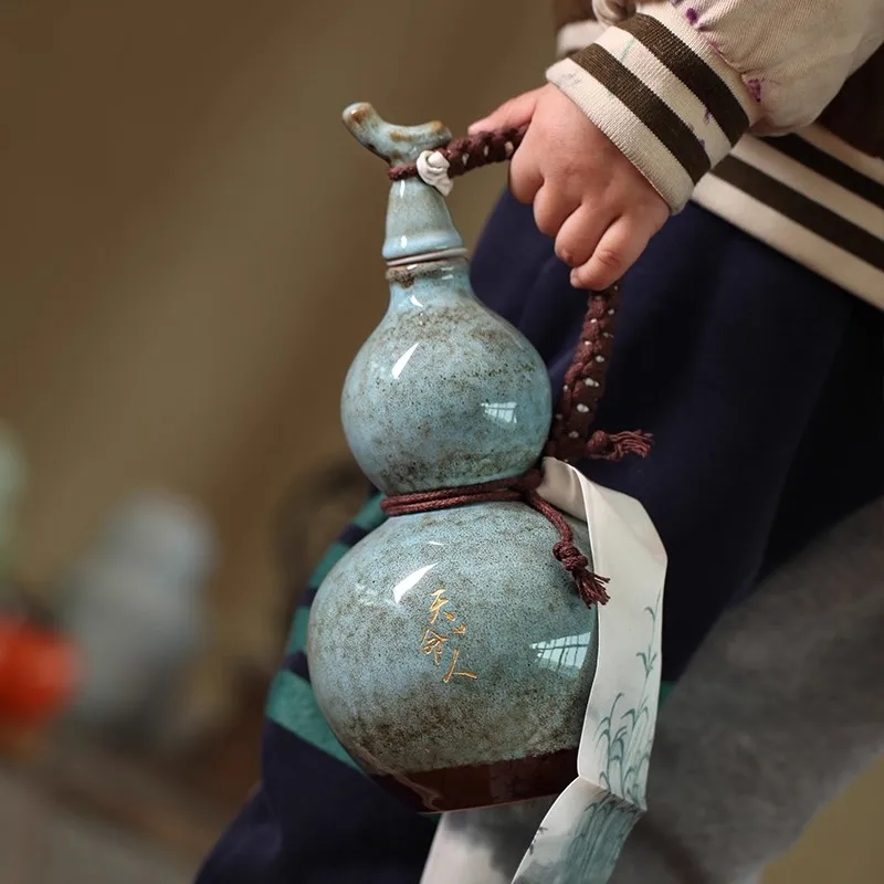 

Бутылка для вина в китайском стиле, керамическая колба для алкоголя с сетчатым мешком, древний винтажный горшок для вина для мужчин, путешествий на открытом воздухе, подарок Саке