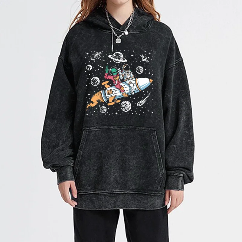 

Unisex Fun Astronaut Alien Printed Casual Washed Hoodie Sweatshirt, Vintage Graphic Print Cloth, Customized Version y2k Hoodies,