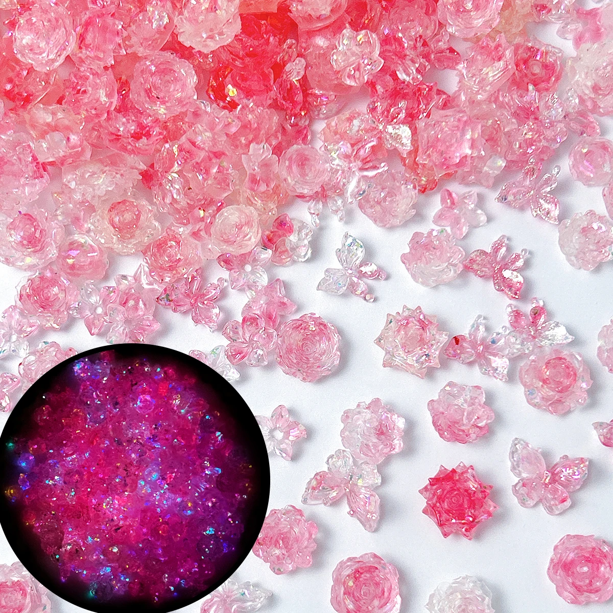 Creative Translucent Pink Series Flowers Butterfly Nai Art Accessories 3D Sweet Luminous Rose Peony Resin Nail Charms for DIY