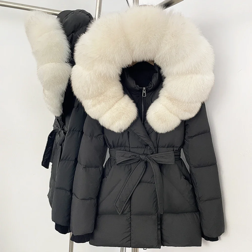 OFTBUY New Winter Real Fur Outerwear Women's Down Jacket with Real Fox Fur Belted Waist Mid-Length White Duck Down Puffer Coat