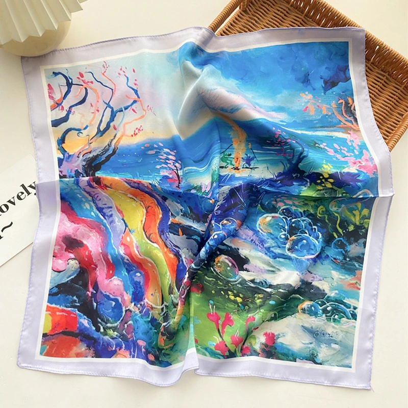 2024 Summer Bright Color Oil Painting Print 53CM Small Square Women Satin Silk Neck Tie Scarfs Soft Neat Ladies Neckerchiefs