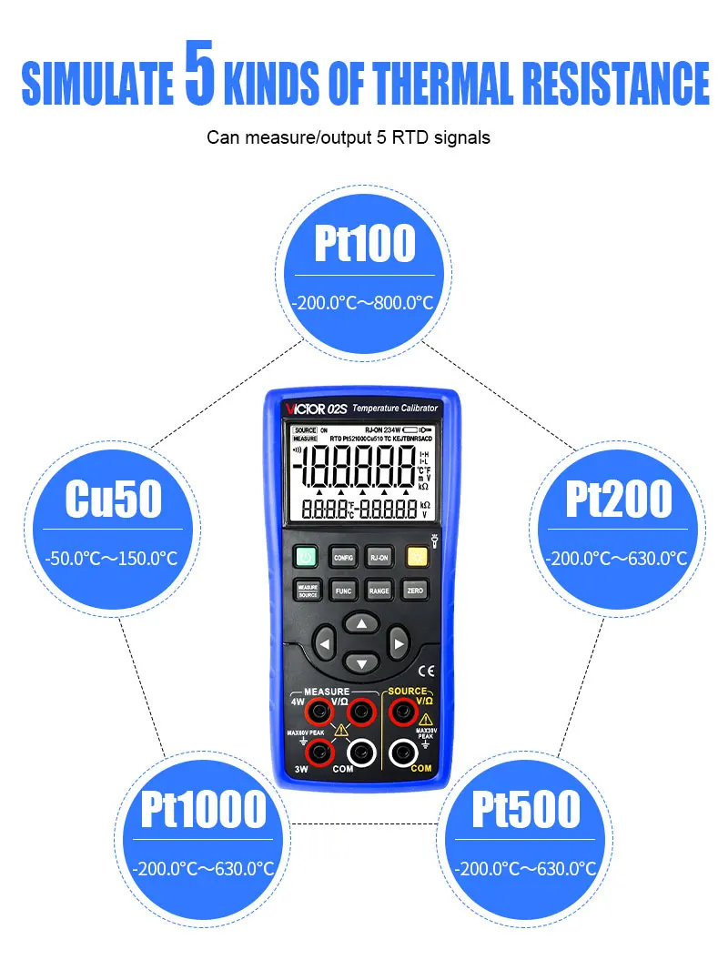 Calibrador de temperatura 02S 11 tipos de termopar e 5 tipos de sinal de resistência térmica RTD