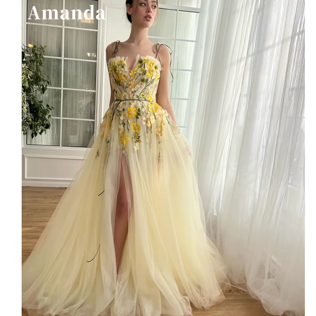 Amanda-Robe de Rhtrapèze jaune évasée, appliques en dentelle, sangle spaghetti, robe de soirée formelle, train de balayage, fente latérale, fibre