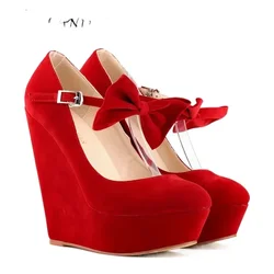 Women Pumps 2026 New Autumn Casual Fashion Sexy Flock Wedges High Heels Platform Ladies Bow Round Toe Party Dress Wedding Shoes