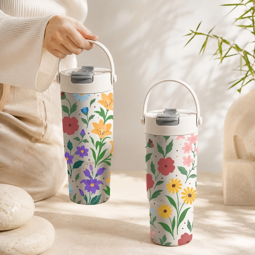

Watercolor Wildflower Seamless Vacuum Flasks 700ml Large Capacity Ceramic Inner Vacuum Cup With Tea Filter & Hidden Straw