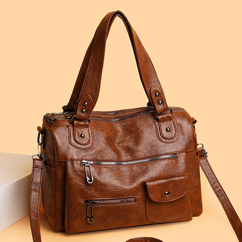 Modische Damen-Umhängetasche aus weichem Leder, große Kapazität, mehrere Außentaschen, abnehmbarer Riemen, Crossbody-Handtasche für den Alltag – Detail 2