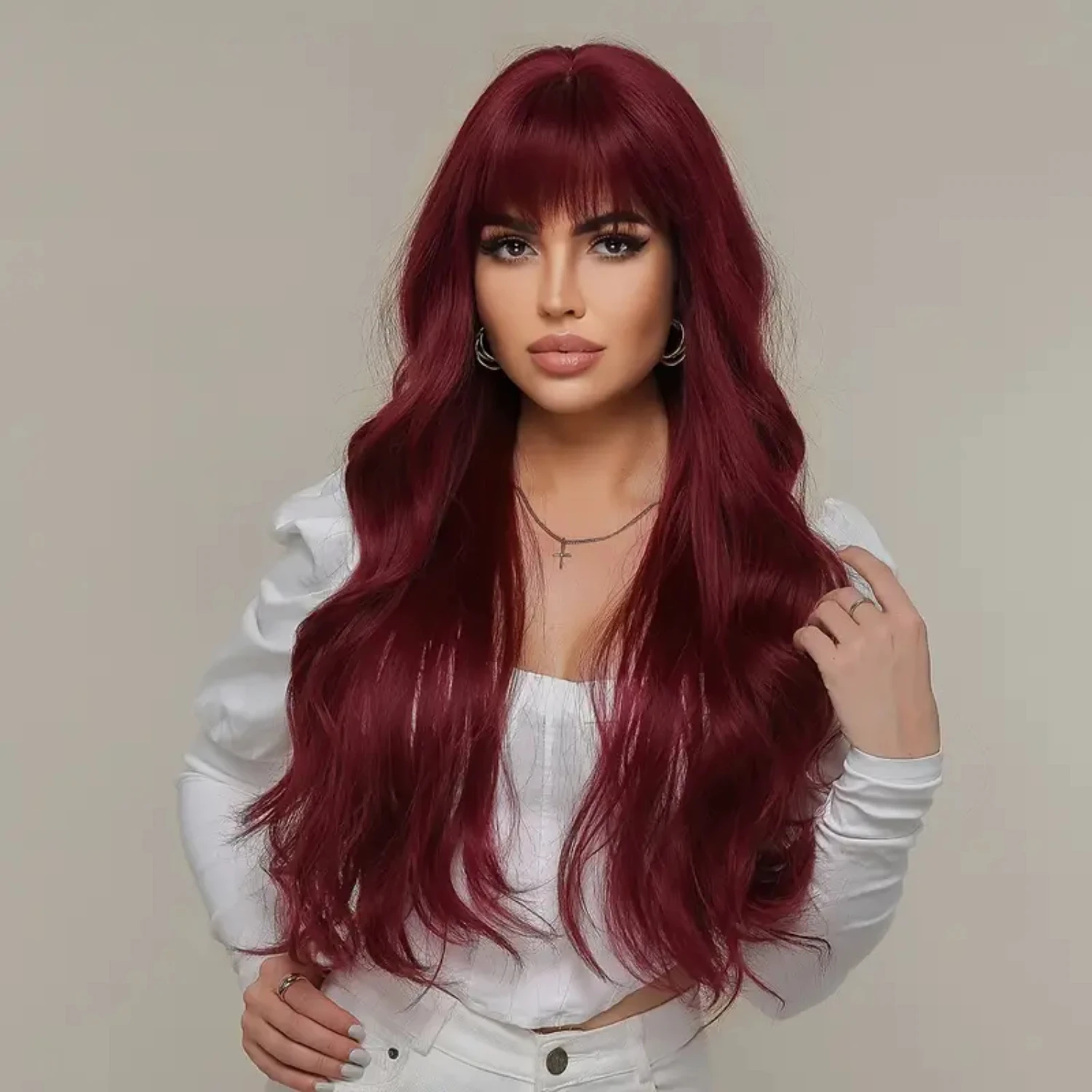 

Stunning Wine Red Gradient Synthetic Wig with Bangs for Women - Long and Layered Heat Resistant Black Root Wig Ideal for Daily a