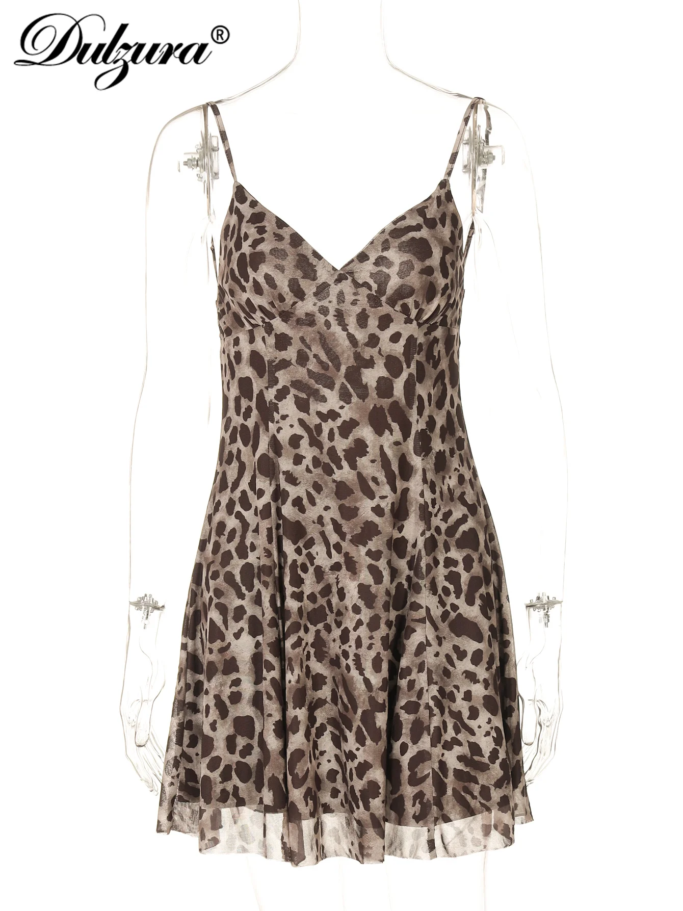 Dulzura بلا أكمام عارية الذراعين سليم الدانتيل يصل ليوبارد طباعة شبكة كامي فستان قصير مثير أنيق فستان كاجوال نادي الحفلات ملابس الصيف