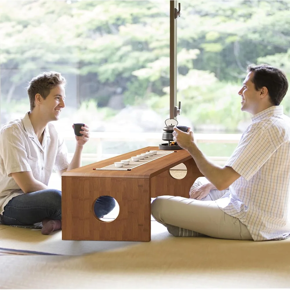 Foldable Japanese Floor Table Low Bamboo Coffee Table for Tatami Meditation, Easy Assembly, Space-Saving Design, Ideal for Small