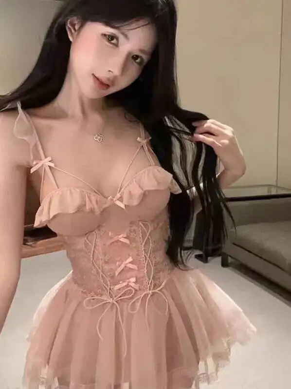 Trendy Sexy New Fishbone Bra Lace Chest Pad Dress Backless Deep V Suspenders Sleeveless Bowknot Mesh Lace Dress Charming QCSW