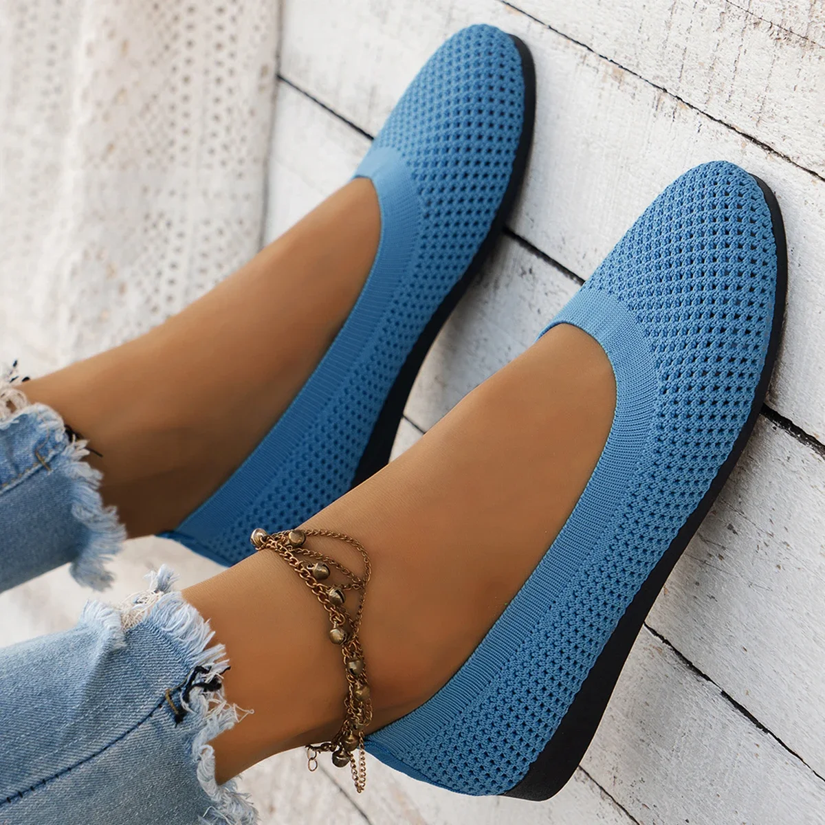 

Women Flat Shoes Round Toe Solid Flat Shoes Color Knitted Slip on Shoes Casual Breathable Ballet Flats Women Mesh Loafers Women